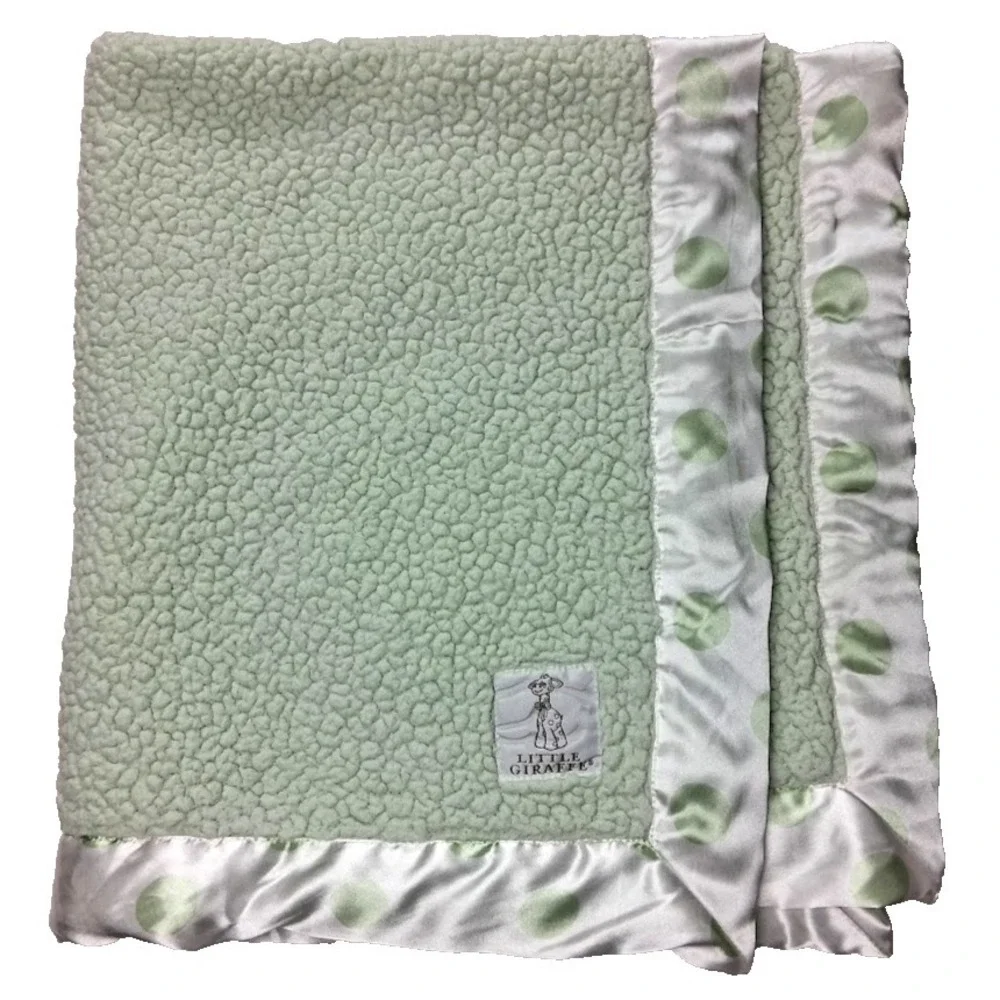 Little Giraffe Green White Satin Polka Dot Trim 28x34 Unisex Sherpa Blanket